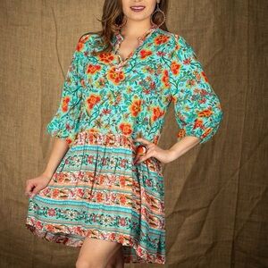 Vintage Collection Rayon Teal Orange Floral Shift Dress Sz S Boho Western Spring